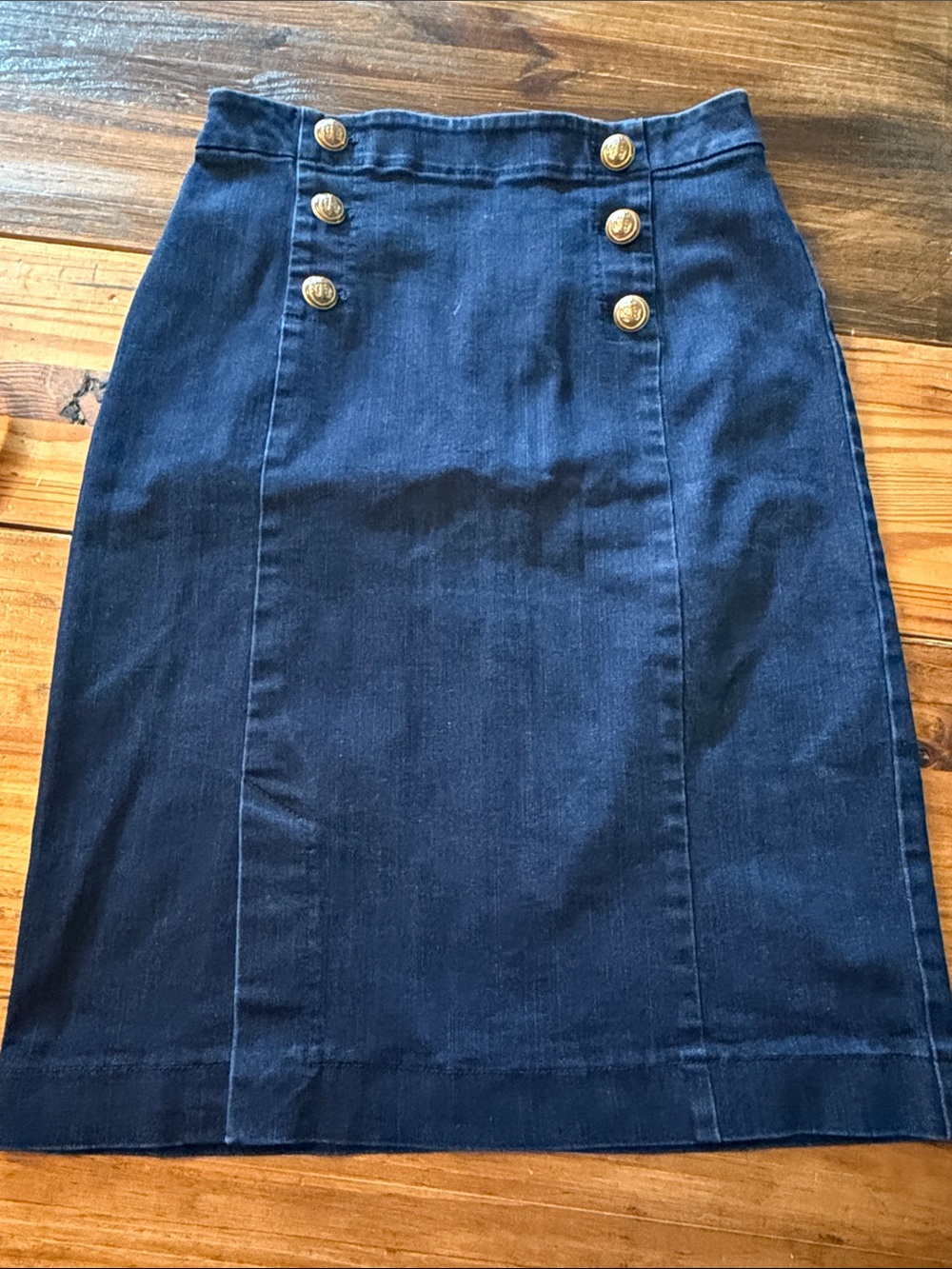 Maison Jules Navy Denim Pencil Skirt with Gold Buttons